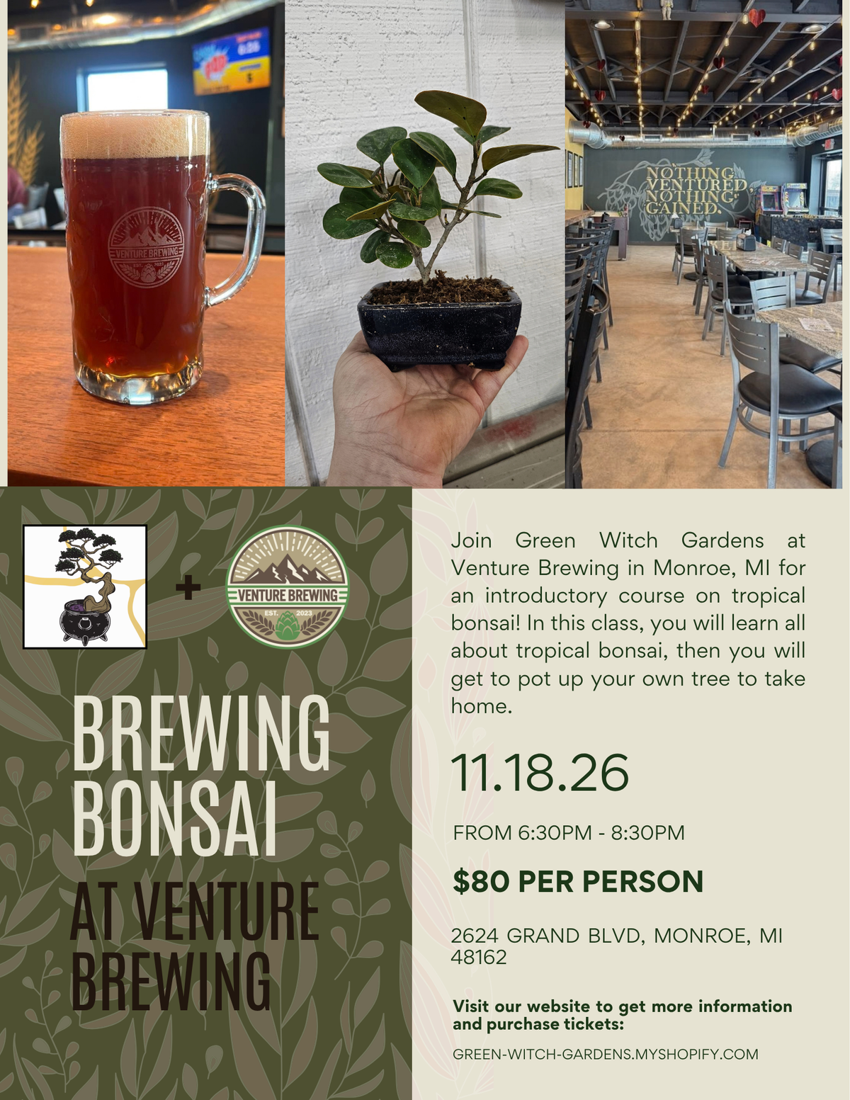 Brewing Bonsai at Venture Brewing in Monroe, MI - 11/18/26 at 6:30pm