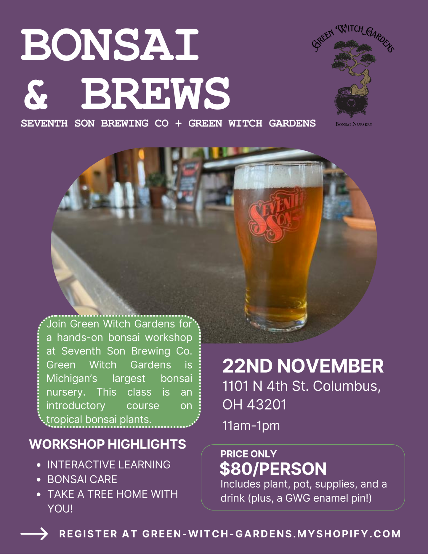 Bonsai + Brews at Seventh Son Brewing Co - 11/22/25 at 11am