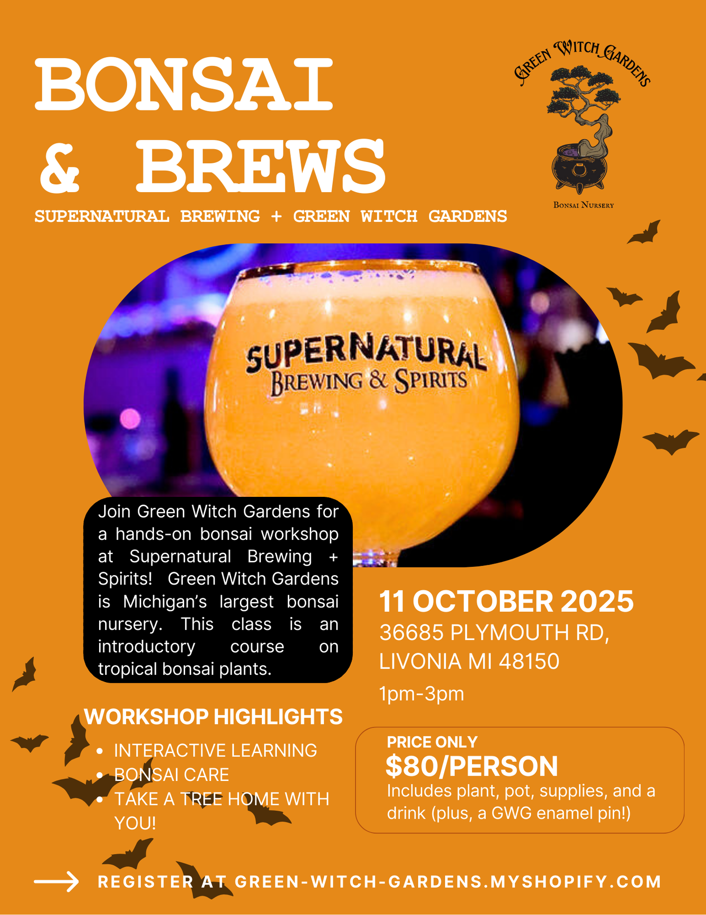 Bonsai + Brews at Supernatural Brewing and Spirits - 10/11/25 at 1pm