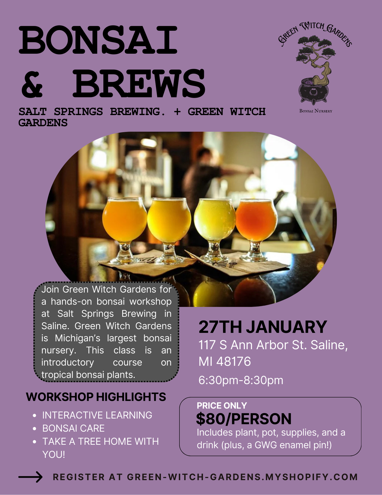 Bonsai + Brews at Salt Springs - 1/27/26 at 6:30pm